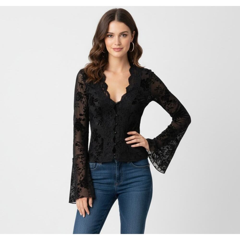 Whimsigoth Black Floral Burnout Velvet Lace Top - Bell Sleeve  M Fits like S/XS - Picture 11 of 11